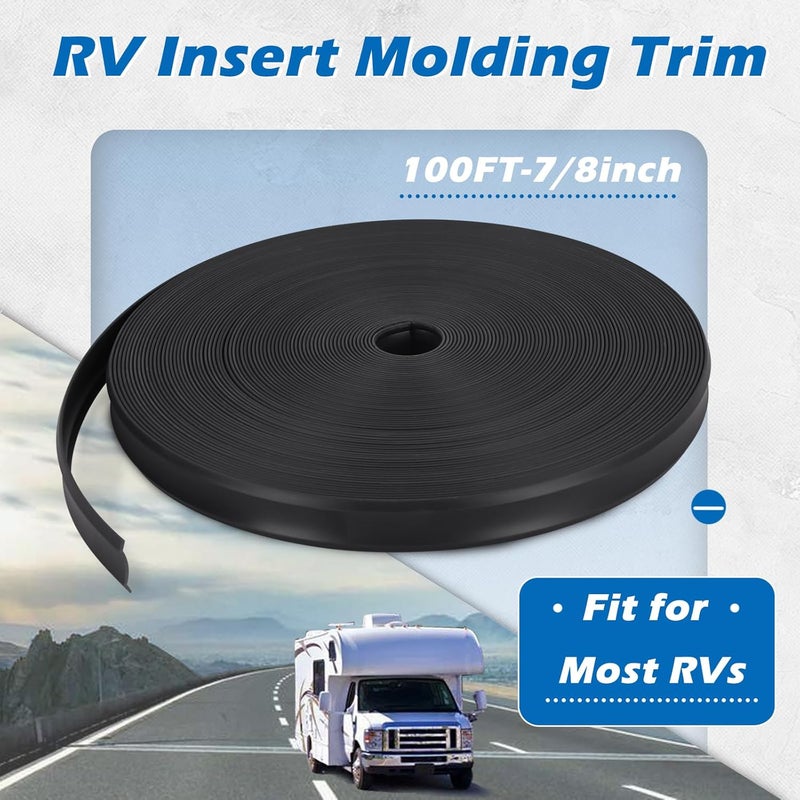 SoCiMa 7/8" RV Trim Molding Insert with Flat Metal End Caps, RV Screw Cover Trim, Vinyl RV Corner Molding, Weather Stripping Roof Gutter Trim Exterior for RV Camper Travel Trailer (Black, 100FT - 7/8") - Image 2
